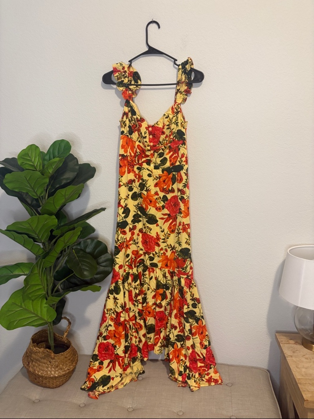 Celsea 28 Small Yellow Floral Maxi Dress with Red & Orange Blooms ruffle straps - Picture 2 of 8
